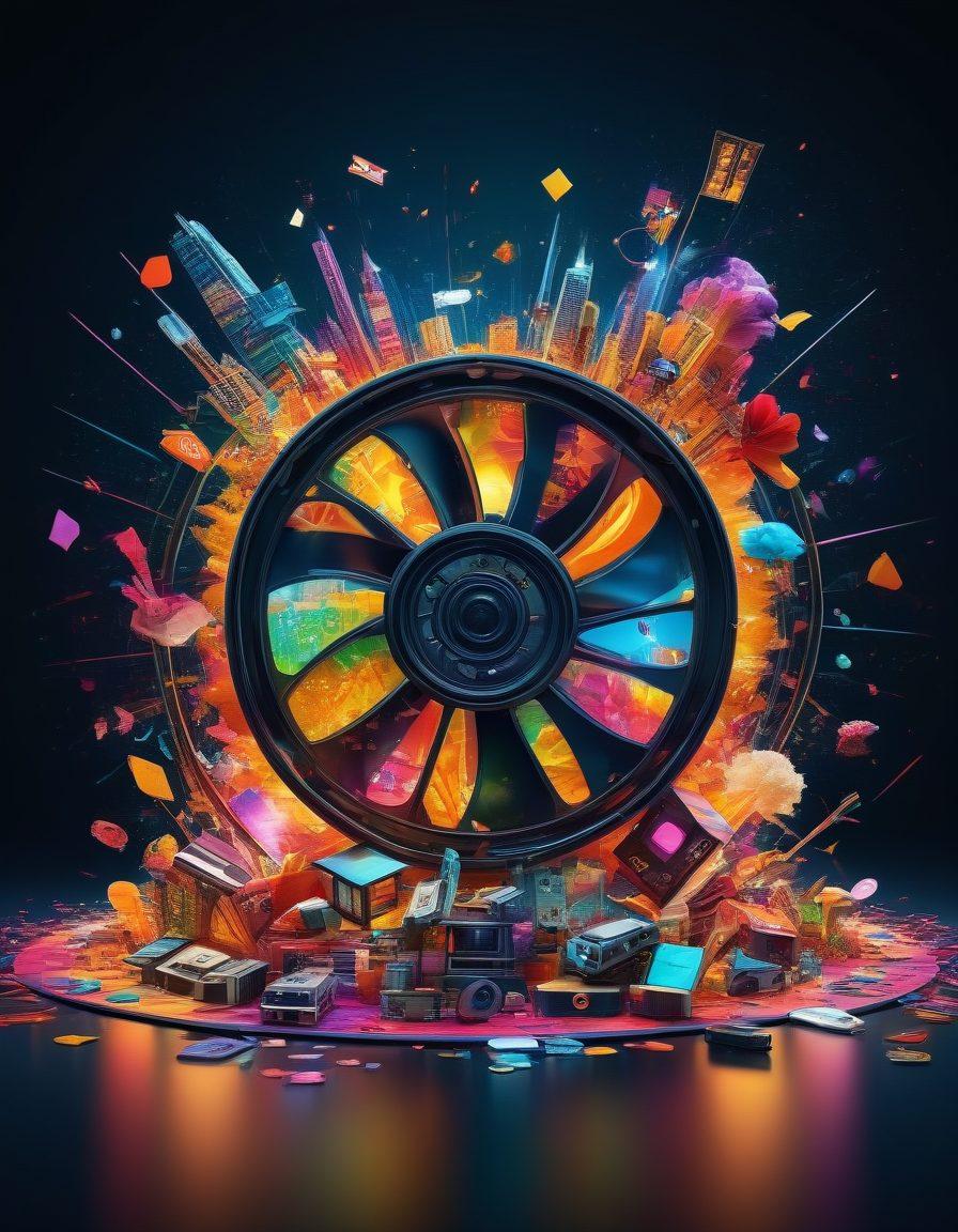 A colorful collage of various forms of visual entertainment, including a vibrant movie reel, interactive video game scenes, and captivating art pieces. The background features abstract shapes and patterns that symbolize creativity and joy, all infused with lively colors. Emphasize the emotional connection and engagement these entertainment forms evoke. super-realistic. vibrant colors. 3D.