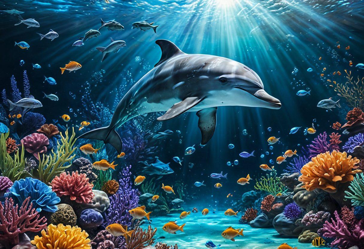 A vibrant underwater scene filled with colorful aquatic life, showcasing a playful dolphin leaping through bubbles of video screens displaying engaging content. Bright corals and shimmering fish surround the screens, symbolizing the joy of video exploration. The light filters down, creating a magical atmosphere. super-realistic. vibrant colors. 3D.