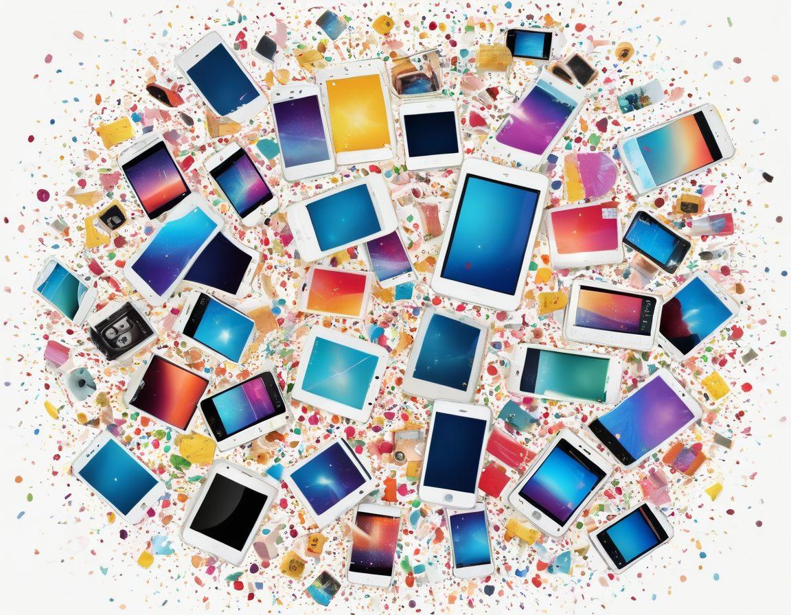 A vibrant collage of various cheerful video clips shown on multiple digital devices, such as smartphones and tablets, displaying people laughing and enjoying themselves. Include bright colors and animated elements around the devices to symbolize joy and leisure. The background should be a soft, inviting space that evokes a sense of relaxation and happiness. Pop art style. vibrant colors. white background.